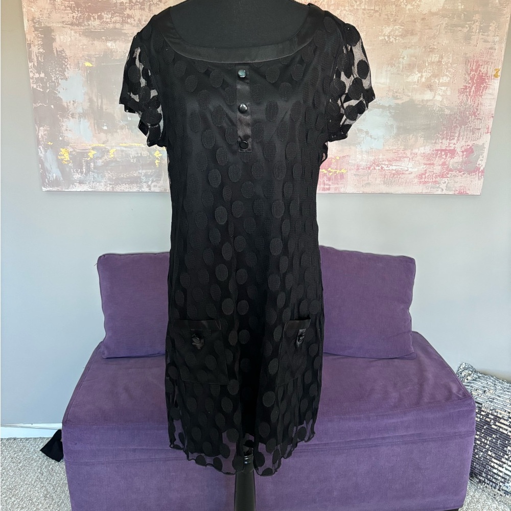 Enfocus Studio Black‎ Sheath Mini Dress with Flutter Sleeves & Mesh overlay S/M